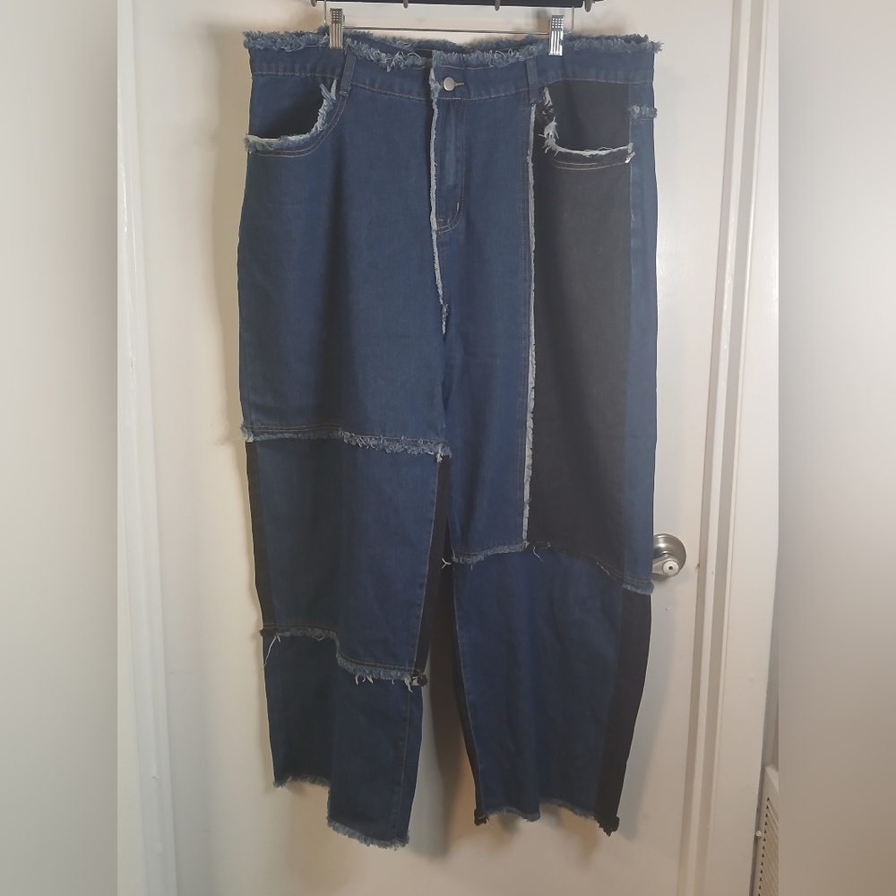 Dark Blue & Black Frayed Cut & Sew Patchwork Wide Leg Jeans 2X